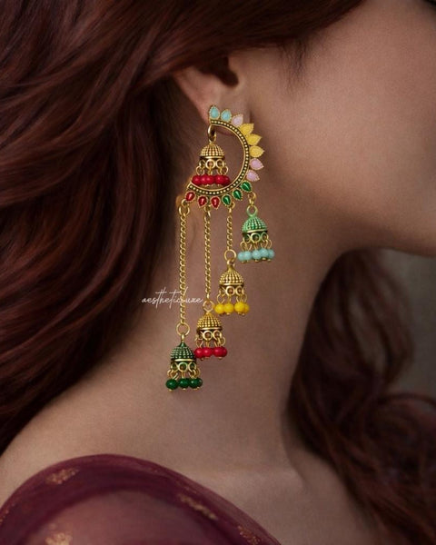 Kashmiri Jhumka Earrings | Sangeet & Bridal Gold Plated Dangler | Multicolor Jhumka Statement Earrings  | Long Colorful Earrings