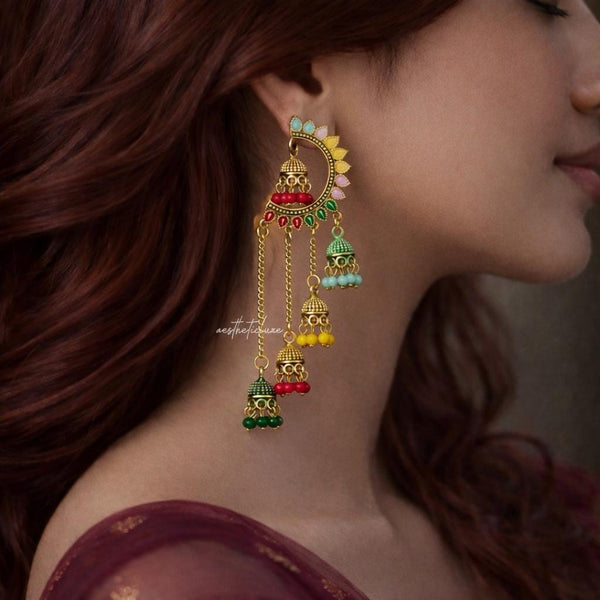 Kashmiri Jhumka Earrings | Sangeet & Bridal Gold Plated Dangler | Multicolor Jhumka Statement Earrings  | Long Colorful Earrings