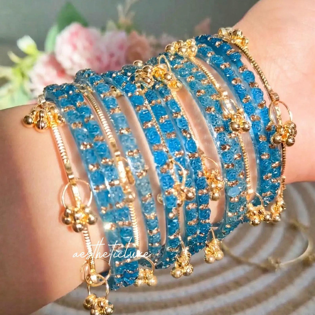 Blue Rose Kashmiri Ghungroo Bangles Set | Ghungroo Gold Bangles | Blue Glass Bridal Churiya |  Trending Bangles With Rose Pattern Detailing