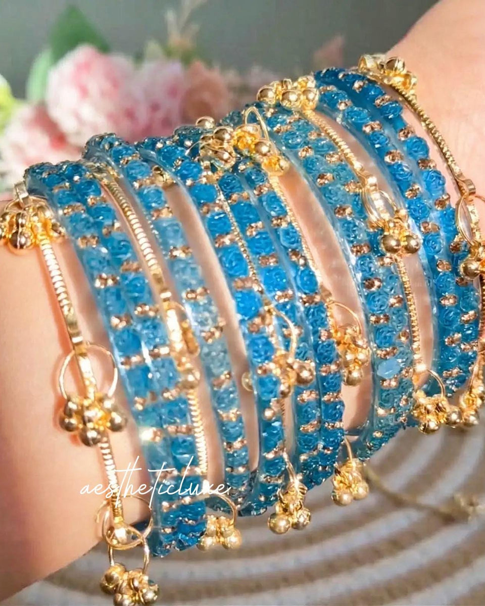 Blue Rose Kashmiri Ghungroo Bangles Set | Ghungroo Gold Bangles | Blue Glass Bridal Churiya |  Trending Bangles With Rose Pattern Detailing