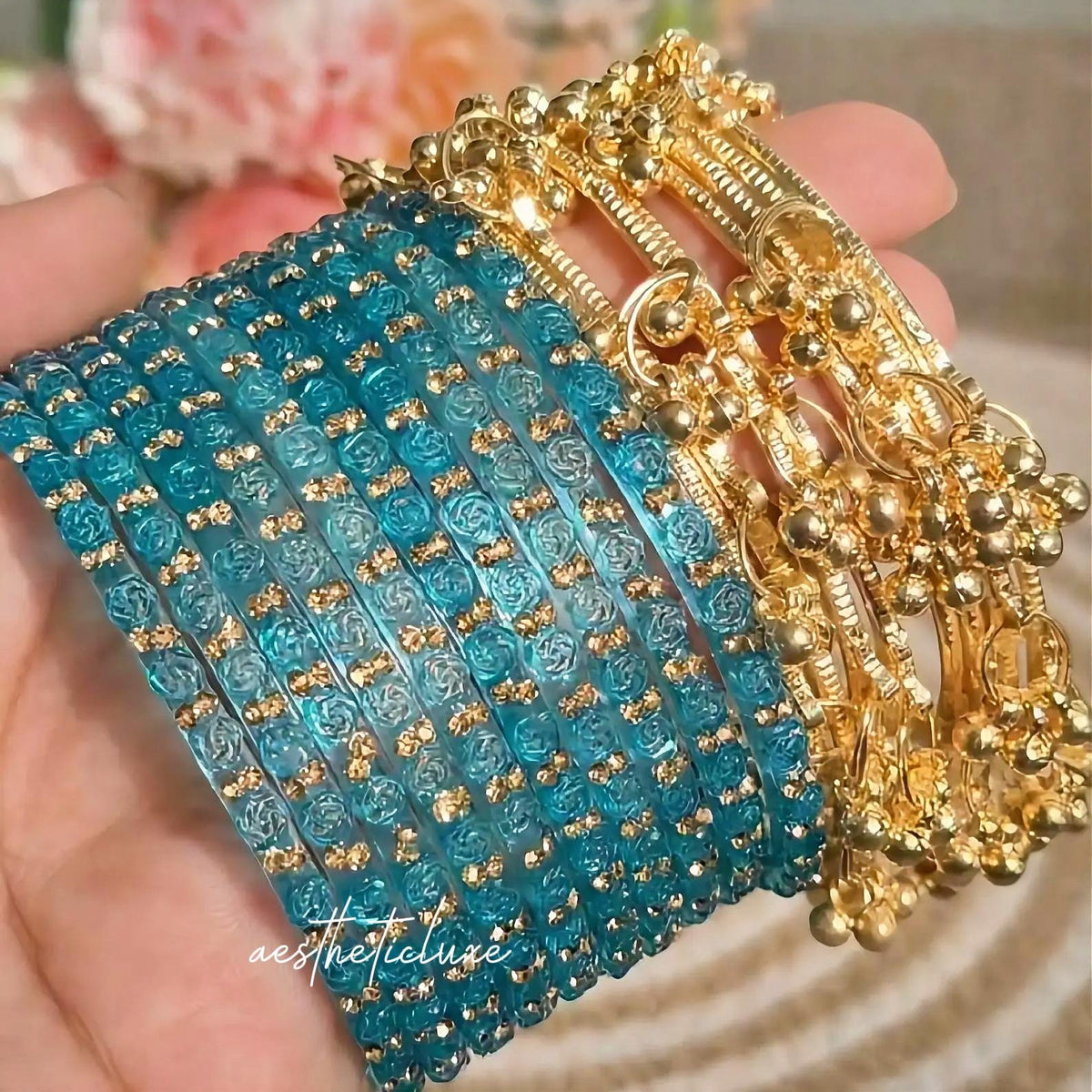 Blue Rose Kashmiri Ghungroo Bangles Set | Ghungroo Gold Bangles | Blue Glass Bridal Churiya |  Trending Bangles With Rose Pattern Detailing