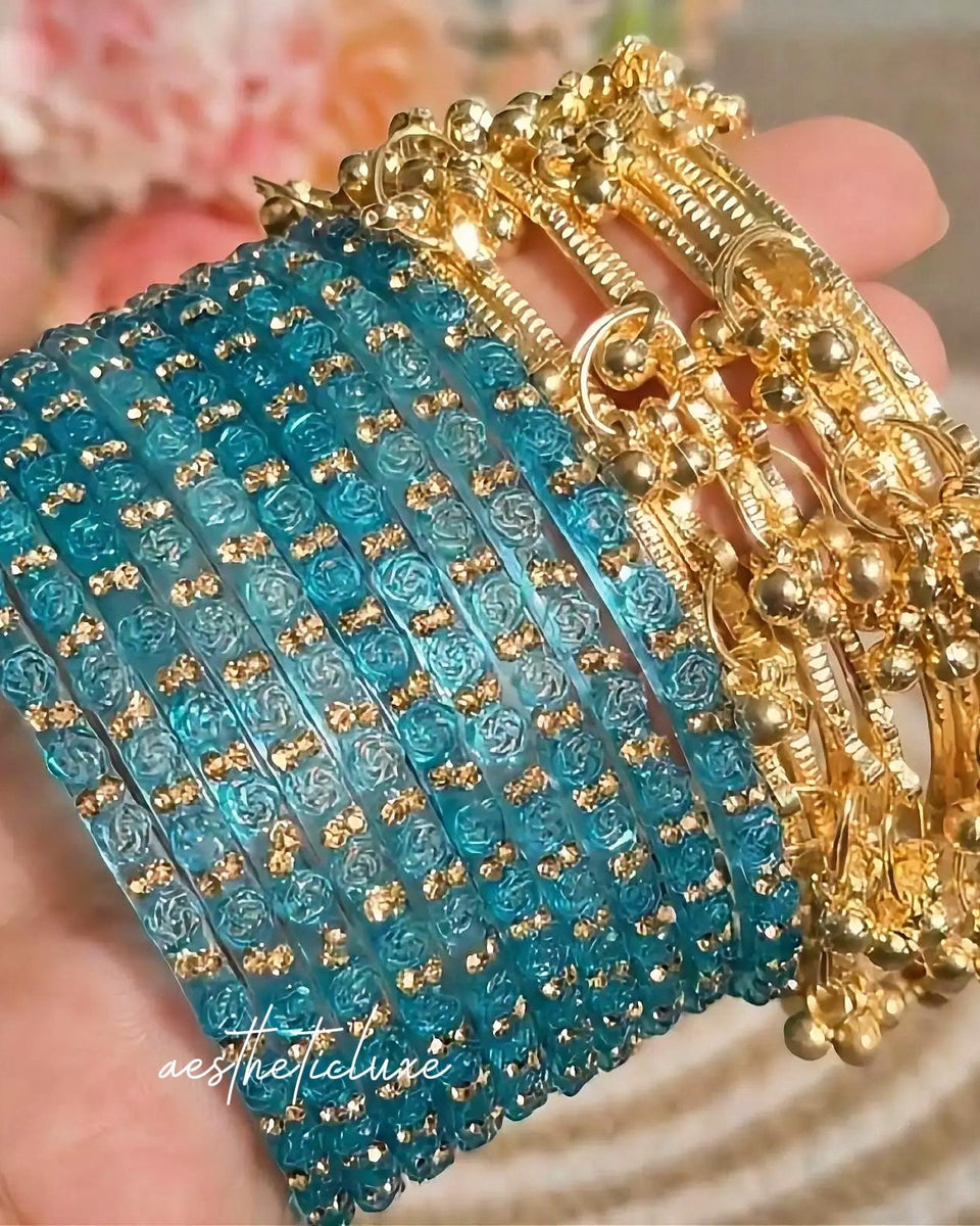 Blue Rose Kashmiri Ghungroo Bangles Set | Ghungroo Gold Bangles | Blue Glass Bridal Churiya |  Trending Bangles With Rose Pattern Detailing