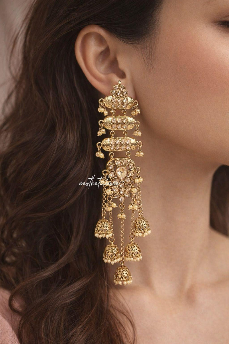 Gold Mehndi Plated Kundan Jhumkas | Long Bridal Indian Earrings | Champagne Kashmiri Jhumka | Statement Earrings for Mehndi & Sangeet