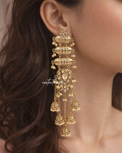 Gold Mehndi Plated Kundan Jhumkas | Long Bridal Indian Earrings | Champagne Kashmiri Jhumka | Statement Earrings for Mehndi & Sangeet