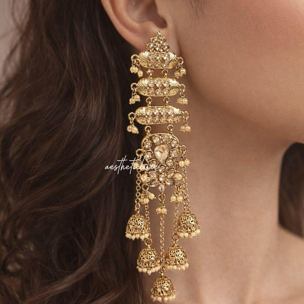 Gold Mehndi Plated Kundan Jhumkas | Long Bridal Indian Earrings | Champagne Kashmiri Jhumka | Statement Earrings for Mehndi & Sangeet