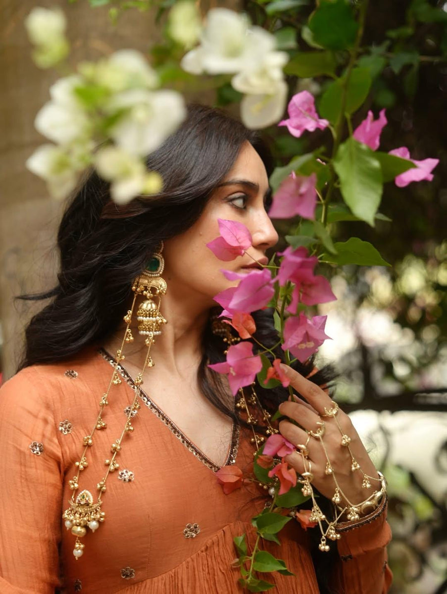 Chand Haathphool | Gold Plated Ghungroo Panja Link Bracelet with Rings | Bridal Moon Hathphool Pair