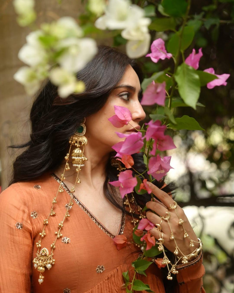 Chand Haathphool | Gold Plated Ghungroo Panja Link Bracelet with Rings | Bridal Moon Hathphool Pair
