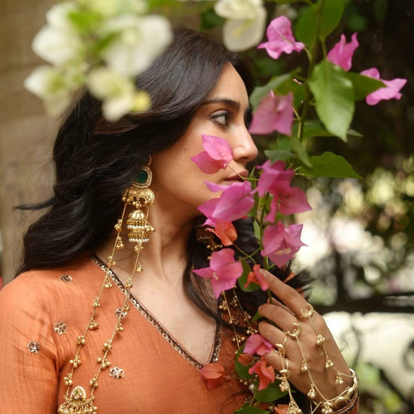 Chand Haathphool | Gold Plated Ghungroo Panja Link Bracelet with Rings | Bridal Moon Hathphool Pair