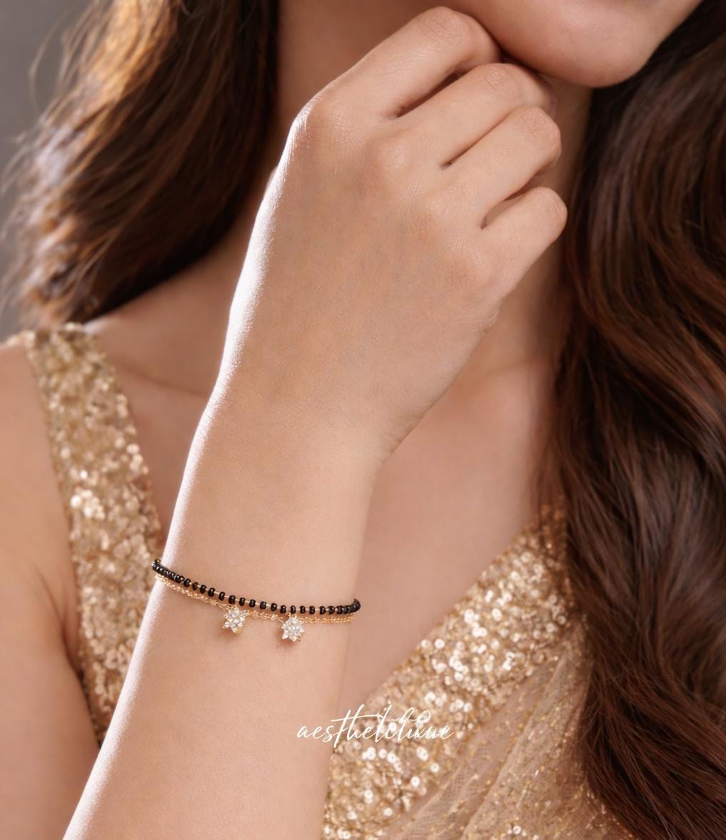 Gold Plated Mangalsutra Bracelet | Black Bead Gold Bracelet with Zirconia Drops | Modern Minimal Mangalsutra | Gift for Wife