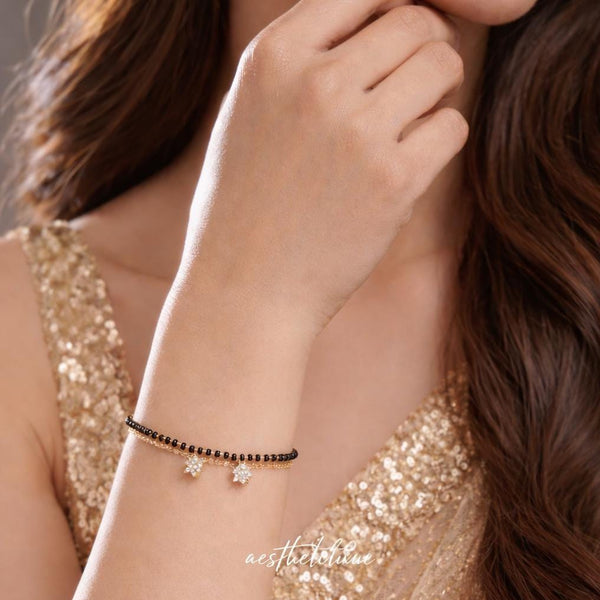 Gold Plated Mangalsutra Bracelet | Black Bead Gold Bracelet with Zirconia Drops | Modern Minimal Mangalsutra | Gift for Wife
