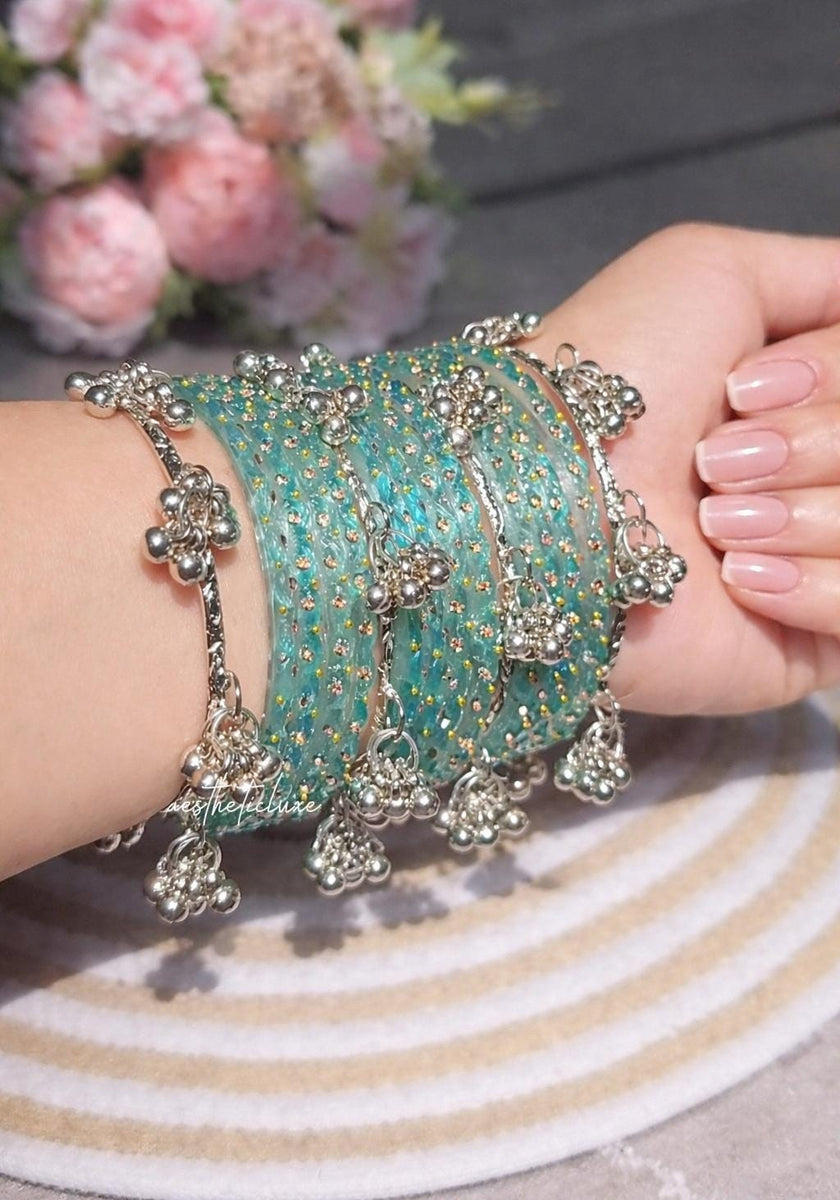 Turquoise Kashmiri Ghungroo Bangles Set | Ghungroo Silver Bangles | Aqua Blue Glass Bridal Churiya |  Trending Bangles
