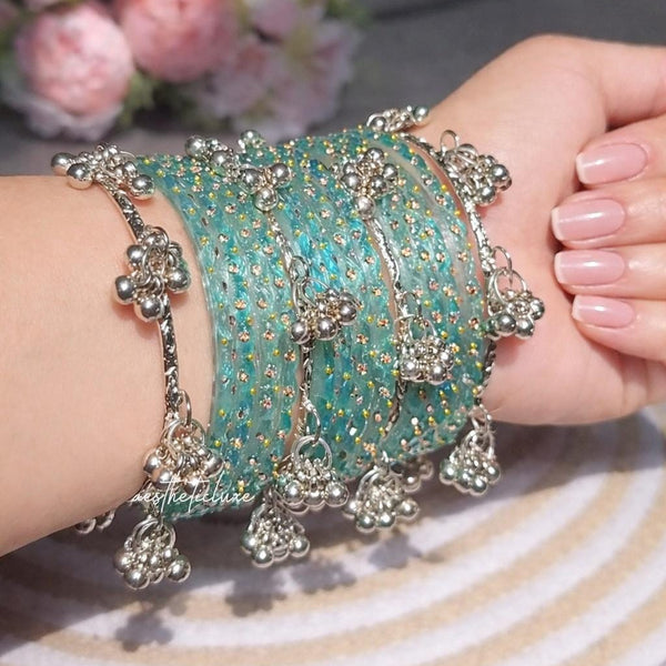 Turquoise Kashmiri Ghungroo Bangles Set | Ghungroo Silver Bangles | Aqua Blue Glass Bridal Churiya |  Trending Bangles