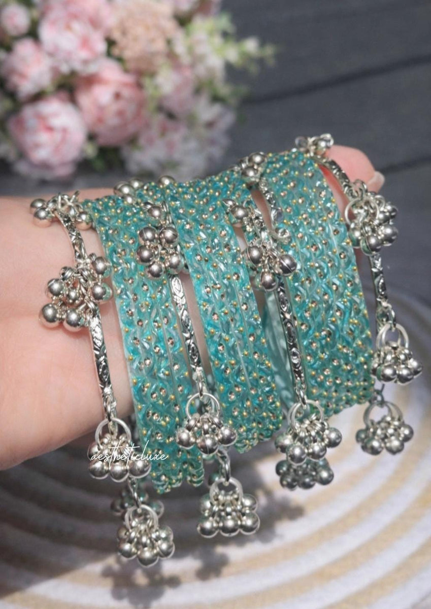 Turquoise Kashmiri Ghungroo Bangles Set | Ghungroo Silver Bangles | Aqua Blue Glass Bridal Churiya |  Trending Bangles