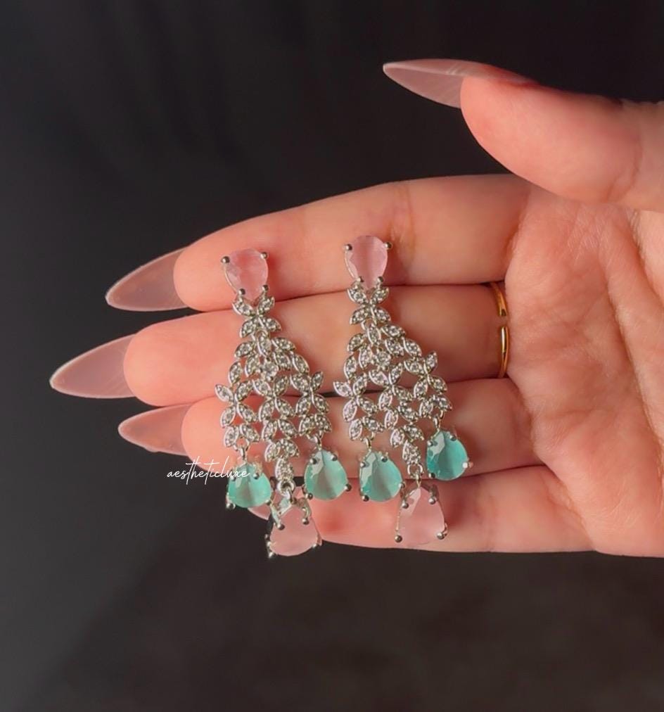 Tara Sutaria Inspired Pink Mint American Diamond Double Layer Necklace Set with Earrings and Tikka | CZ AD Pink Mint Bridal Wedding Set