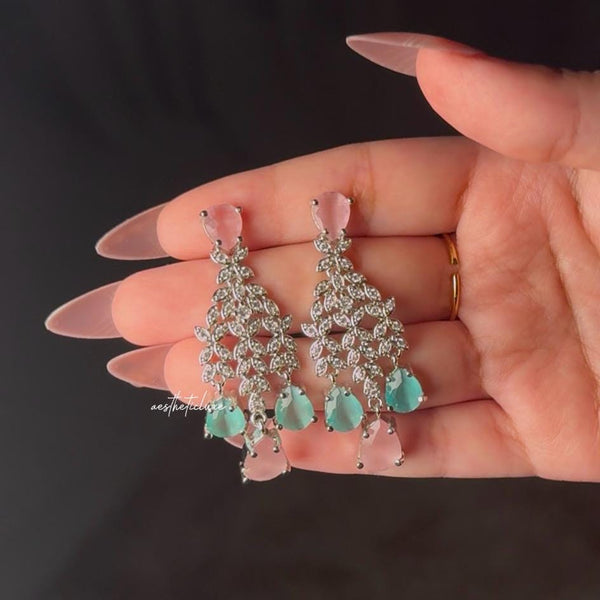 Tara Sutaria Inspired Pink Mint American Diamond Double Layer Necklace Set with Earrings and Tikka | CZ AD Pink Mint Bridal Wedding Set