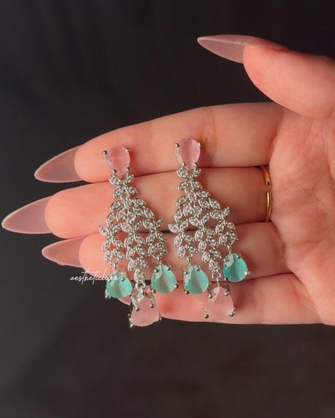 Tara Sutaria Inspired Pink Mint American Diamond Double Layer Necklace Set with Earrings and Tikka | CZ AD Pink Mint Bridal Wedding Set