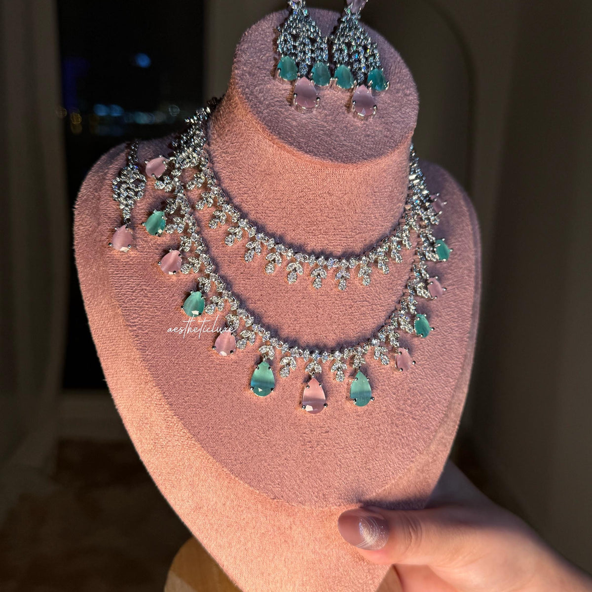 Tara Sutaria Inspired Pink Mint American Diamond Double Layer Necklace Set with Earrings and Tikka | CZ AD Pink Mint Bridal Wedding Set