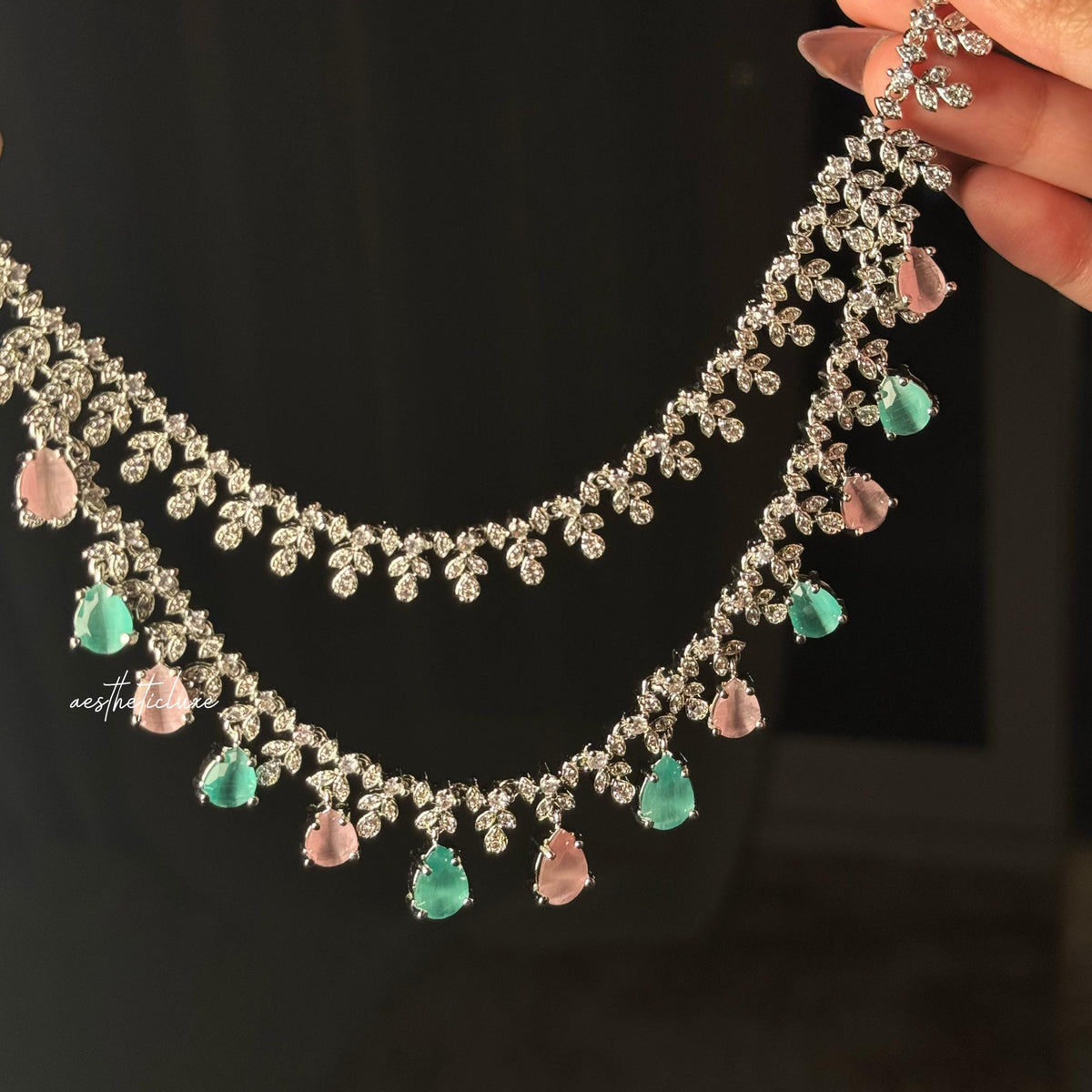 Tara Sutaria Inspired Pink Mint American Diamond Double Layer Necklace Set with Earrings and Tikka | CZ AD Pink Mint Bridal Wedding Set