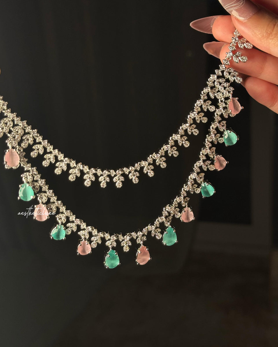 Tara Sutaria Inspired Pink Mint American Diamond Double Layer Necklace Set with Earrings and Tikka | CZ AD Pink Mint Bridal Wedding Set