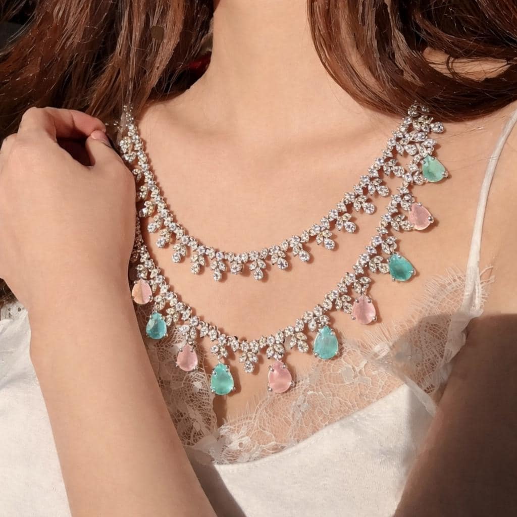 Tara Sutaria Inspired Pink Mint American Diamond Double Layer Necklace Set with Earrings and Tikka | CZ AD Pink Mint Bridal Wedding Set