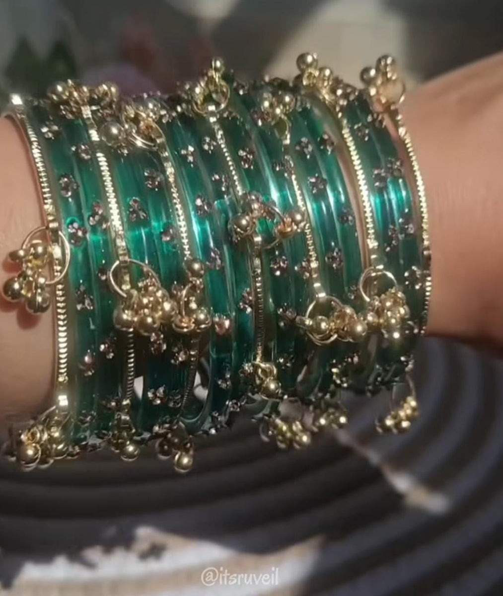Raindrop Glass and Kashmiri Ghungroo Bangles Sets | Ghungroo Gold Bangles | 3 Set Glass Bridal Churiya |  Trending Raindrop Bangles
