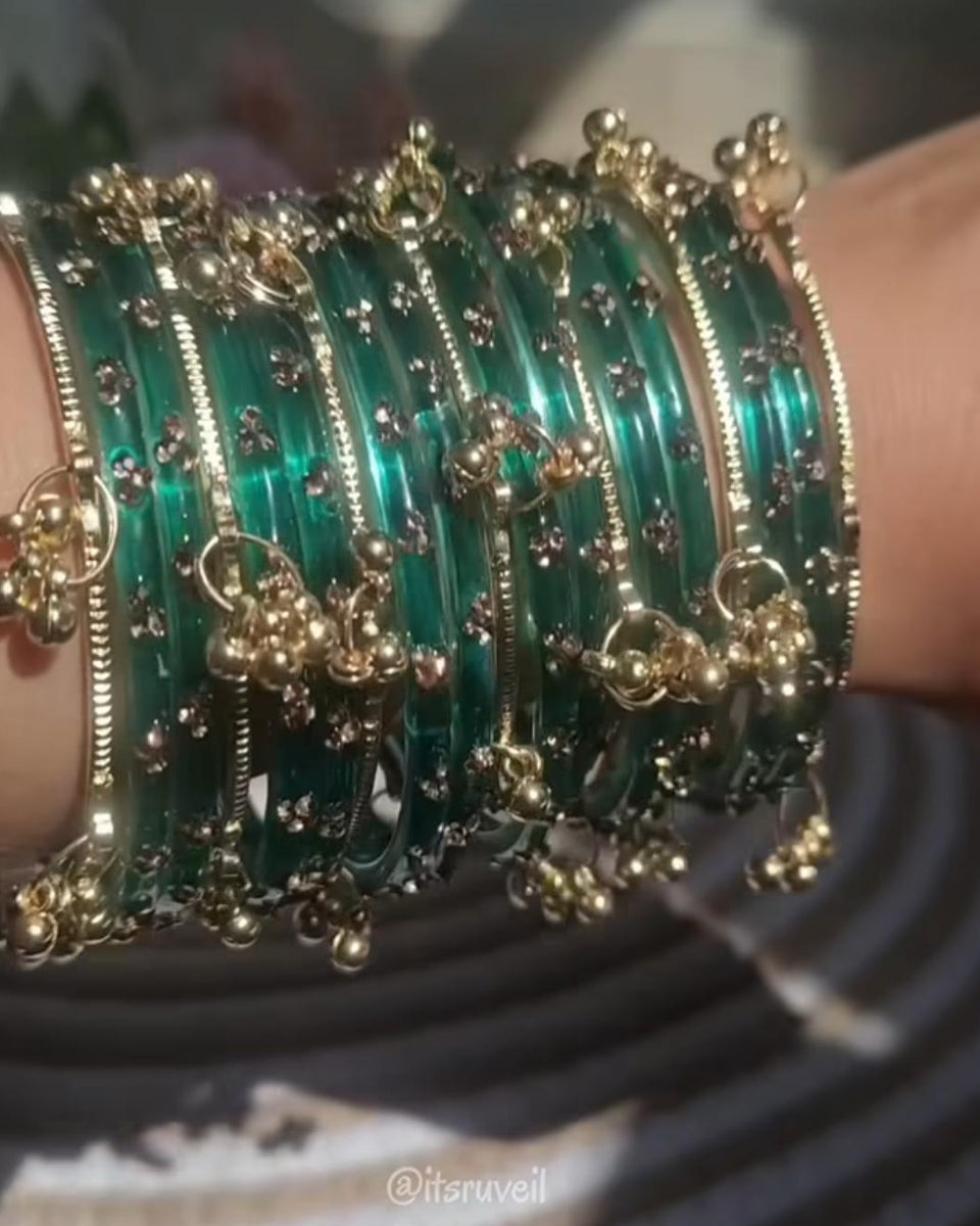 Raindrop Glass and Kashmiri Ghungroo Bangles Sets | 3 Set Glass Bridal Churiya |  Trending Raindrop Bangles