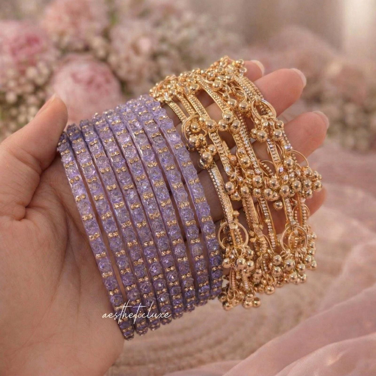 Lavender Glass Bangles Set | Kashmiri Gold & Silver Ghungroo Bangles  | Purple Glass Bridal Bangles | Rose Pattern Raindrop Bangle