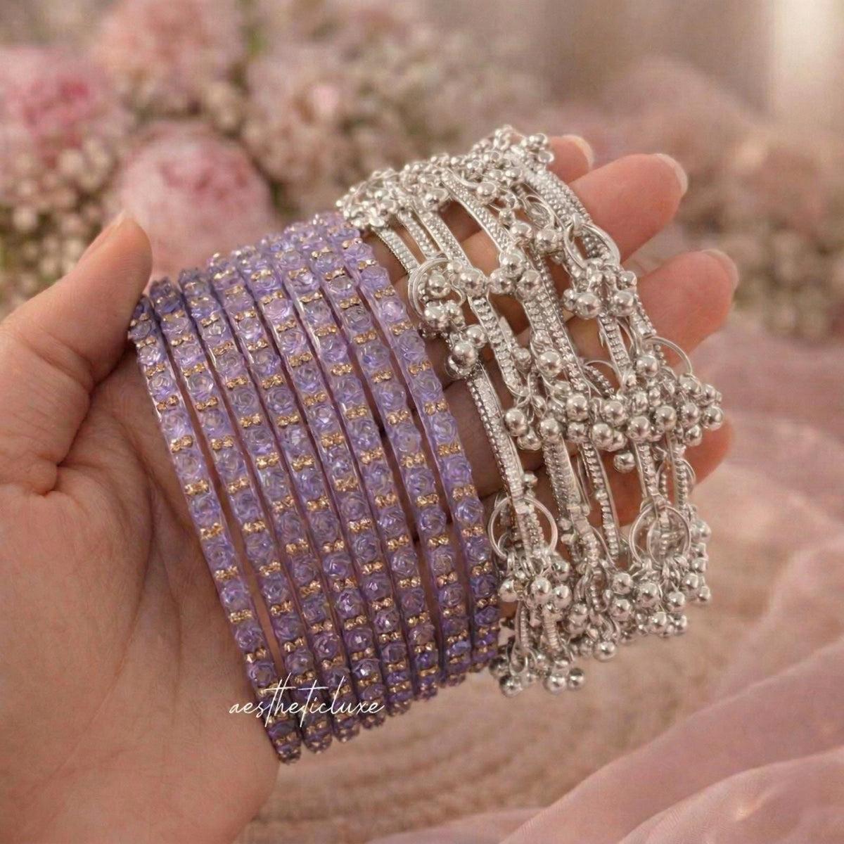 Lavender Glass Bangles Set | Kashmiri Gold & Silver Ghungroo Bangles  | Purple Glass Bridal Bangles | Rose Pattern Raindrop Bangle