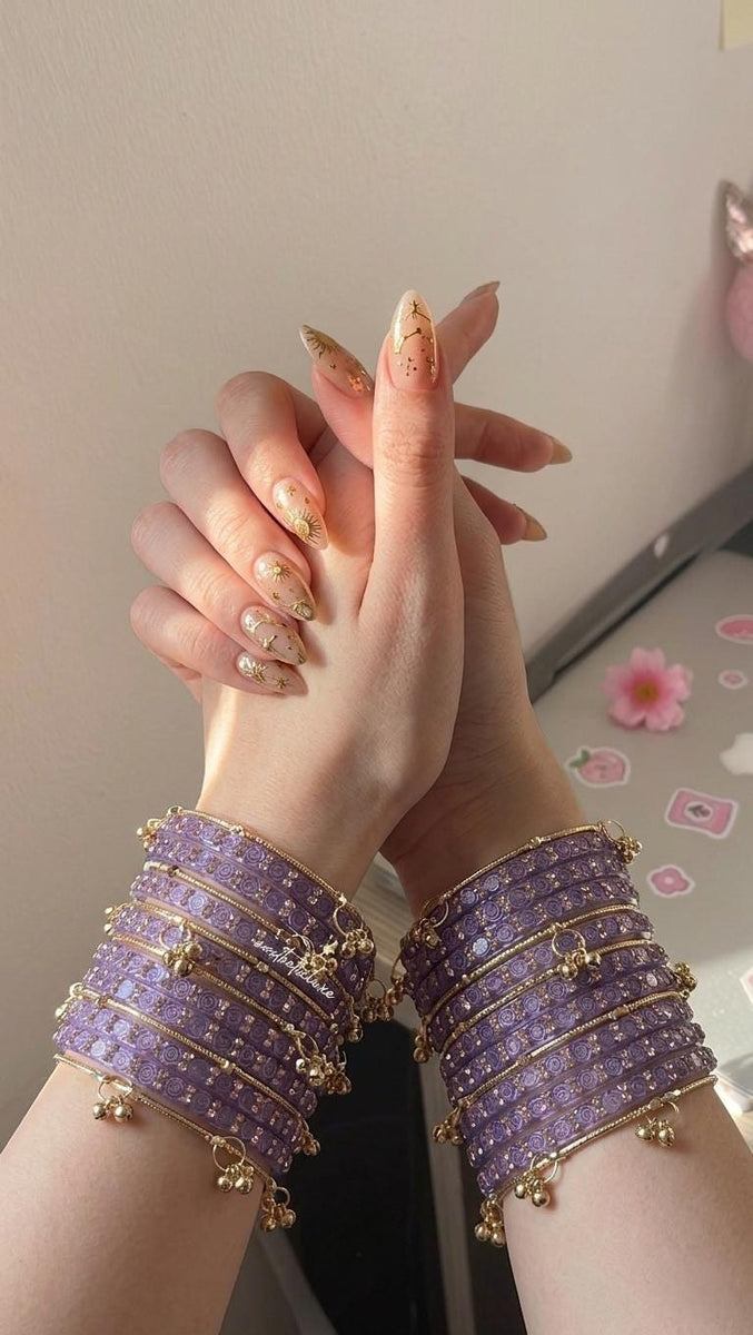 Lavender Glass Bangles Set | Kashmiri Gold & Silver Ghungroo Bangles  | Purple Glass Bridal Bangles | Rose Pattern Raindrop Bangle