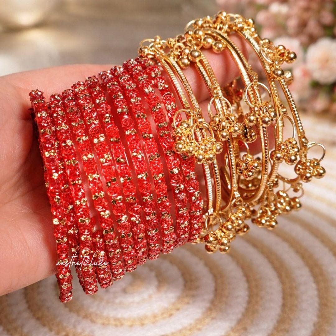 Red Kashmiri Ghungroo Bangles Set | Trending Bangles With Red Rose Pattern Detailing | Red Glass Bridal Churiya | Ghungroo Gold Bangles
