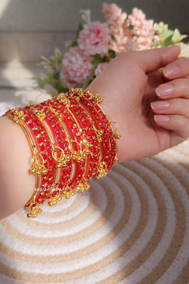 Red Kashmiri Ghungroo Bangles Set | Trending Bangles With Red Rose Pattern Detailing | Red Glass Bridal Churiya | Ghungroo Gold Bangles
