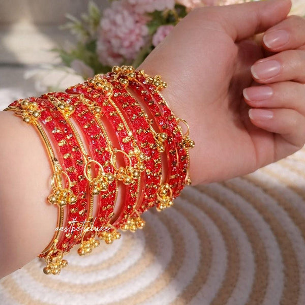 Red Kashmiri Ghungroo Bangles Set | Trending Bangles With Red Rose Pattern Detailing | Red Glass Bridal Churiya | Ghungroo Gold Bangles