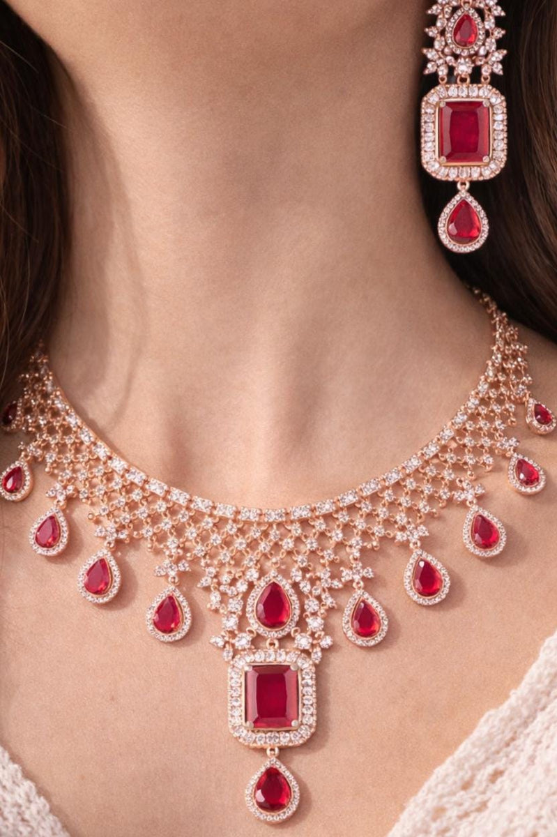 24K Rose Gold Ruby Zircon Set With Tikka
