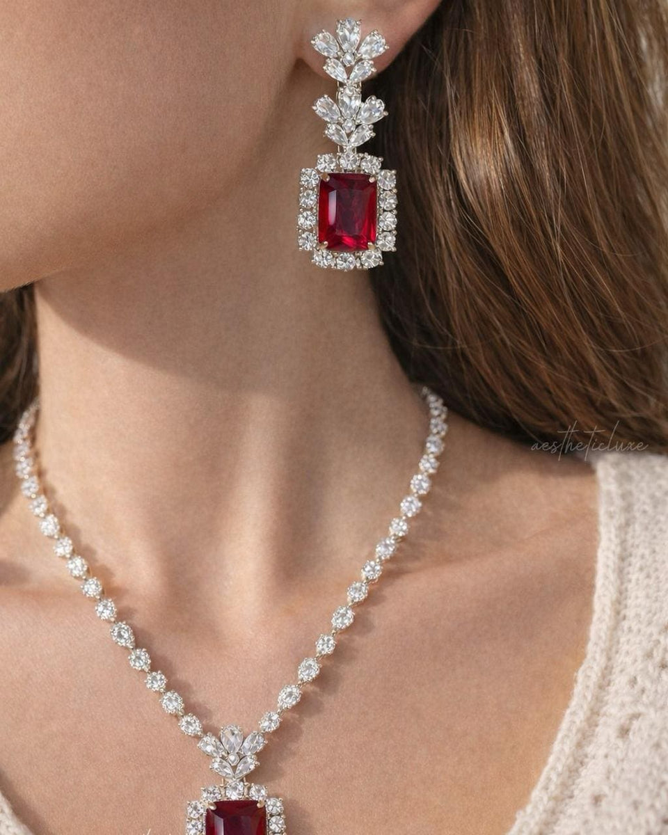 Alia Bhatt Ruby Red Pendant Set in American Diamond Classy high quality cz zircon jewelry for wedding