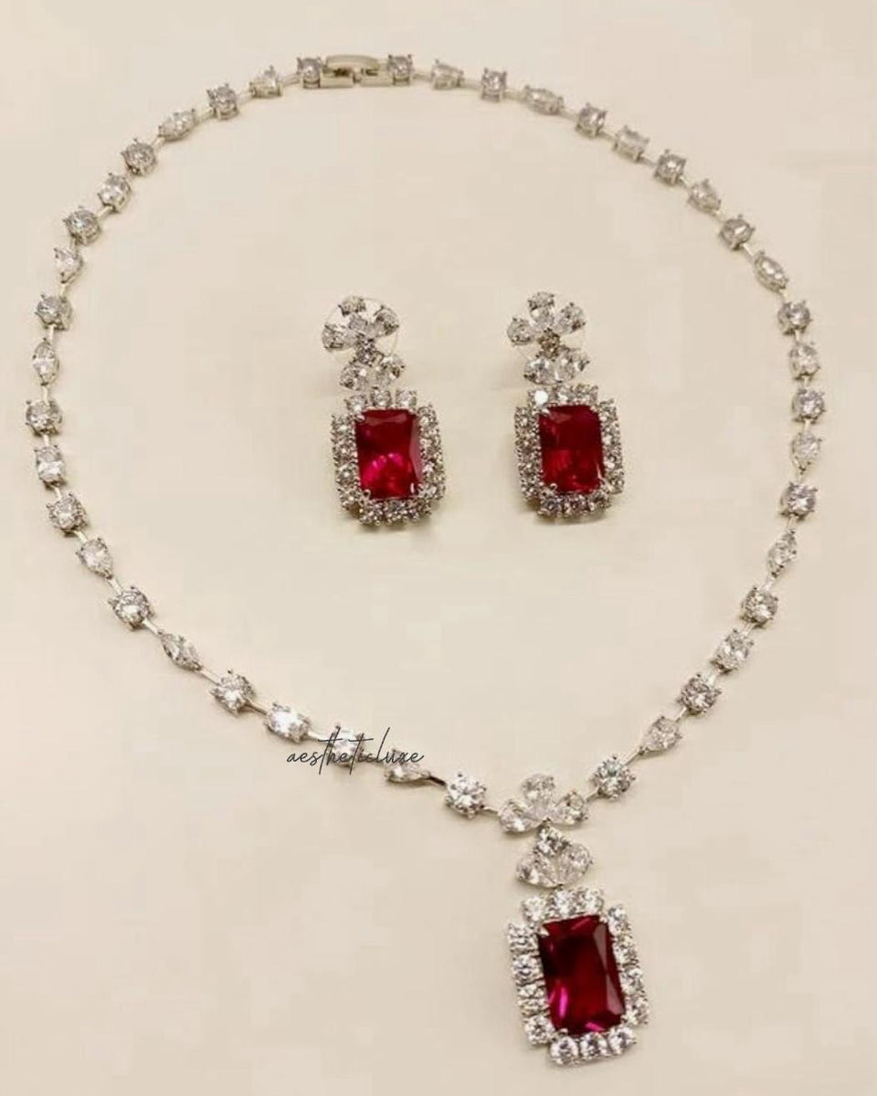 Alia Bhatt Ruby Red Pendant Set in American Diamond Classy high quality cz zircon jewelry for wedding