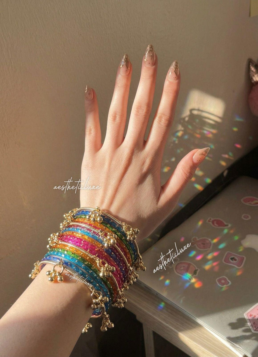 Multicolor Kashmiri Ghungroo Bangles Set | Ghungroo Gold Bangles | Rainbow Glass Bridal Churiya | Trending Raindrop Bangles