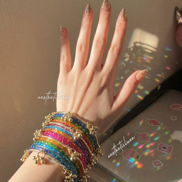 Multicolor Kashmiri Ghungroo Bangles Set | Ghungroo Gold Bangles | Rainbow Glass Bridal Churiya | Trending Raindrop Bangles