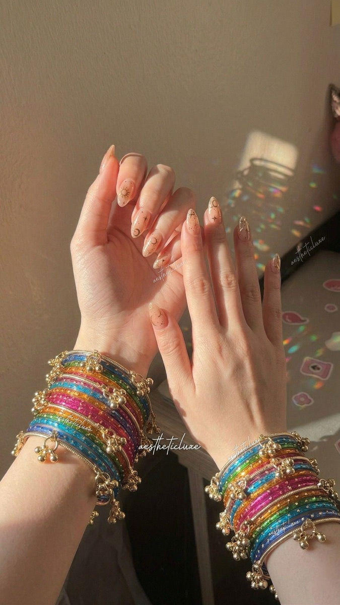 Multicolor Kashmiri Ghungroo Bangles Set | Ghungroo Gold Bangles | Rainbow Glass Bridal Churiya | Trending Raindrop Bangles