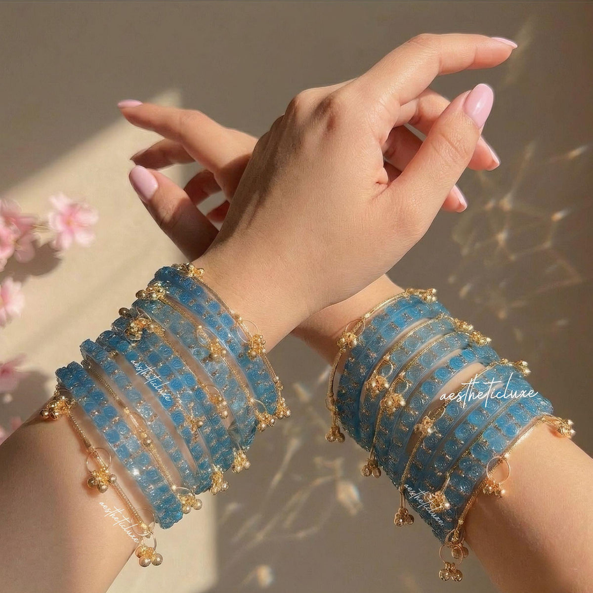 Blue Rose Kashmiri Ghungroo Bangles Set | Ghungroo Gold Bangles | Blue Glass Bridal Churiya |  Trending Bangles With Rose Pattern Detailing