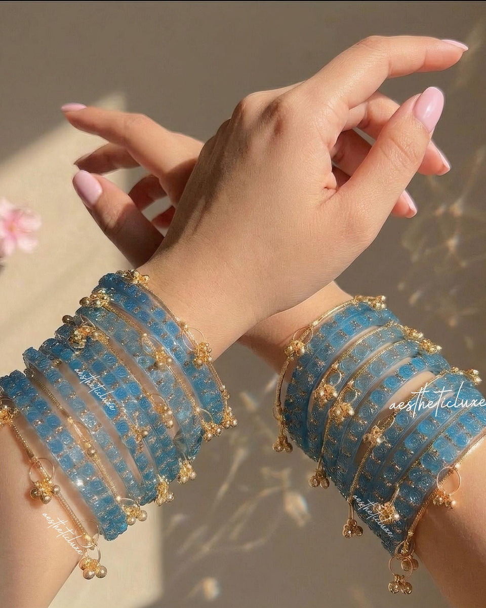 Blue Rose Kashmiri Ghungroo Bangles Set | Ghungroo Gold Bangles | Blue Glass Bridal Churiya |  Trending Bangles With Rose Pattern Detailing