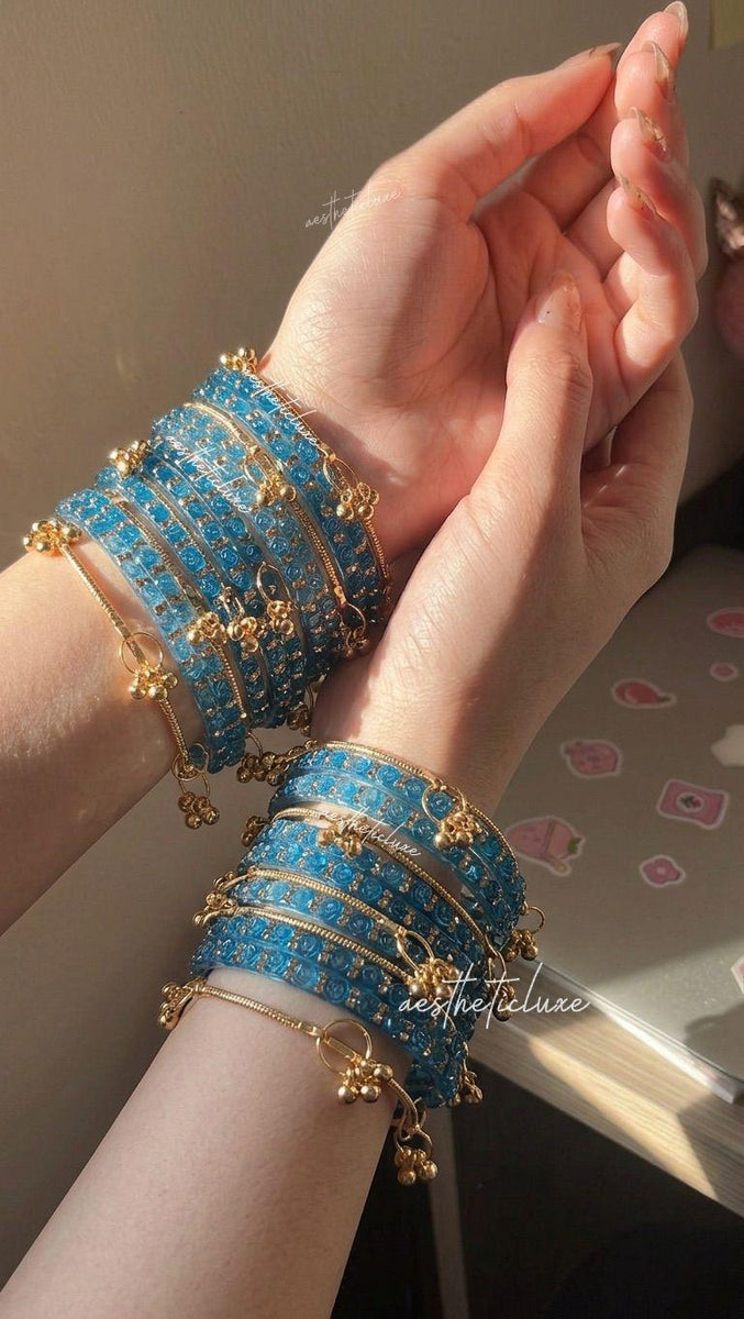Blue Rose Kashmiri Ghungroo Bangles Set | Ghungroo Gold Bangles | Blue Glass Bridal Churiya |  Trending Bangles With Rose Pattern Detailing