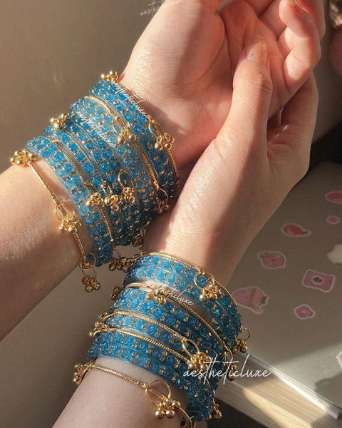 Blue Rose Kashmiri Ghungroo Bangles Set | Ghungroo Gold Bangles | Blue Glass Bridal Churiya |  Trending Bangles With Rose Pattern Detailing