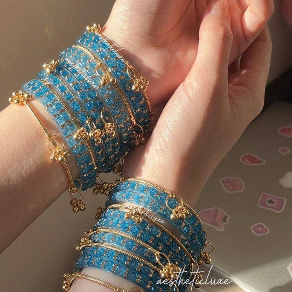 Blue Rose Kashmiri Ghungroo Bangles Set | Ghungroo Gold Bangles | Blue Glass Bridal Churiya |  Trending Bangles With Rose Pattern Detailing