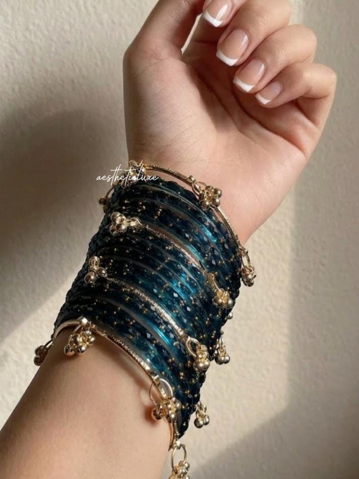 Blue Kashmiri Ghungroo Bangles Set with Mini Gold Plated Jhumkas | Bridal Glass Churiya | Raindrop Bangles | Indian Bridal Jewelry Set