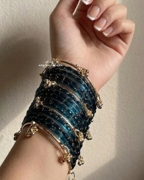Blue Kashmiri Ghungroo Bangles Set with Mini Gold Plated Jhumkas | Bridal Glass Churiya | Raindrop Bangles | Indian Bridal Jewelry Set