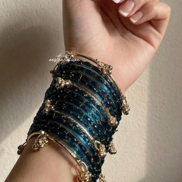 Blue Kashmiri Ghungroo Bangles Set with Mini Gold Plated Jhumkas | Bridal Glass Churiya | Raindrop Bangles | Indian Bridal Jewelry Set