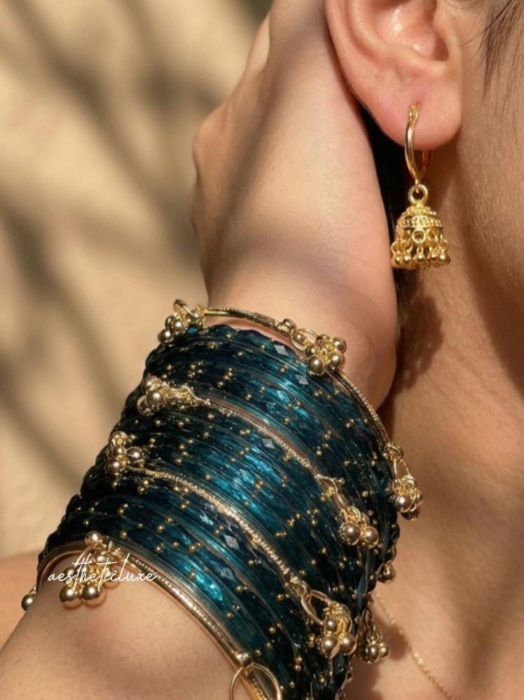 Blue Kashmiri Ghungroo Bangles Set with Mini Gold Plated Jhumkas | Bridal Glass Churiya | Raindrop Bangles | Indian Bridal Jewelry Set