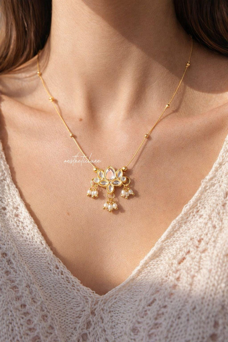 Lotus Kundan Pearl Pendant Necklace | Gold Ethnic Minimal Necklace | Kashmiri Style Lotus Flower Pearl Pendant | Elegant Traditional Jewelry