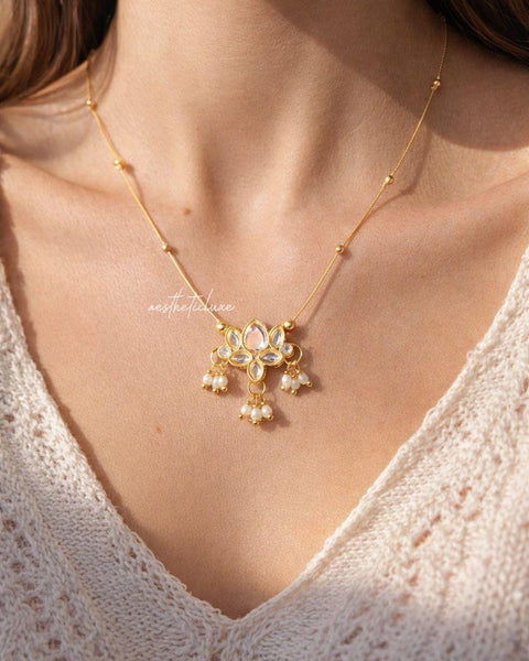 Lotus Kundan Pearl Pendant Necklace | Gold Ethnic Minimal Necklace | Kashmiri Style Lotus Flower Pearl Pendant | Elegant Traditional Jewelry