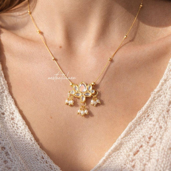 Lotus Kundan Pearl Pendant Necklace | Gold Ethnic Minimal Necklace | Kashmiri Style Lotus Flower Pearl Pendant | Elegant Traditional Jewelry